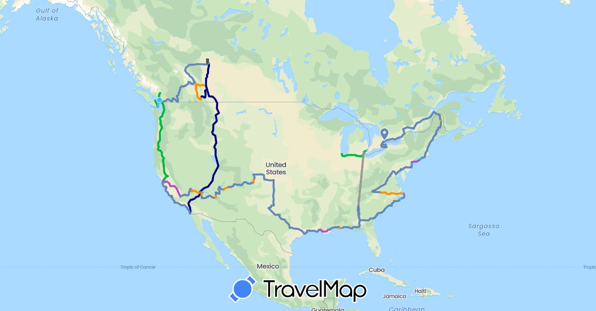 TravelMap itinerary: driving, bus, plane, cycling, train, boat, hitchhiking, motorbike in Canada, United States (North America)